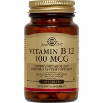 솔가 비타민 B12 100mcg 글루텐 프리 비건 무설탕 타블렛, 100개입, 1개, 100정