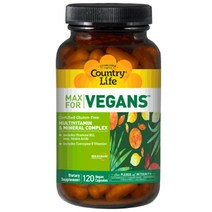 Country Life Vitamins 맥스 포 비건 멀티비타민 & 미네랄 컴플렉스 비건 캡슐, 120개입, 1개, 120정