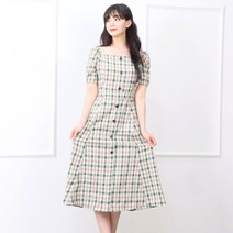 페이퍼먼츠 모던 빈티지 스퀘어 넥 체크 퍼프 롱 원피스 12356