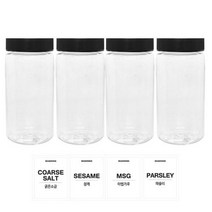 홈앤라이프 투명원형 PET 양념통 350ml 세트, 1세트, 양념통 4p + 검정캡 4p + 스티커 4p(굵은소금 + 참깨 + 마법가루 + 파슬리)