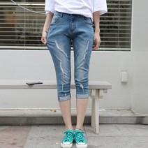빼빼 여성용 구제워싱 배기7부 청바지