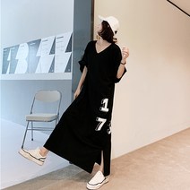 레몬소울 빅 넘버 프린팅 루즈핏 반팔 롱 원피스