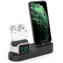 아하스타일 아이폰 애플워치 에어팟 3in1 실리콘 충전형 거치대, Black, 1개