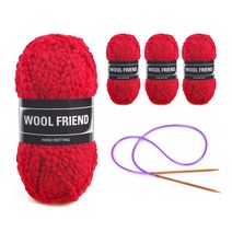 울프랜드 슬라브사 털실 100g x 4p + 줄바늘, 1세트, 레드