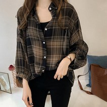 공블리 여성용 루즈핏 벌룬 체크 셔츠 CSB1111