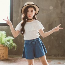 미소파파 여아용 펀칭날개 데님 상하 바지세트