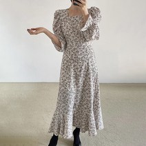 페이퍼먼츠 스퀘어넥 플라워 셔링 슬릿 롱 원피스 01222