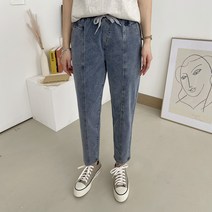 세컨그라운드 여성용 데님 스판 배기 밴딩 팬츠