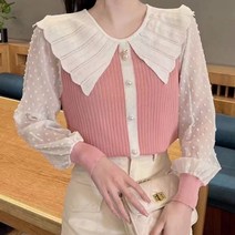 페이퍼먼츠 배색 니트 줄리엣 카라 블라우스 01593