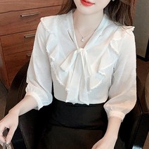 페이퍼먼츠 리본넥 주름 7부 소매 레이스 블라우스 01798