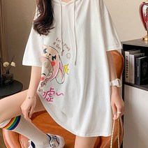 메이첼 여성용 후드넥 일러스트 프린팅 반팔 티셔츠 00810