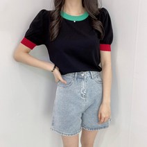 비비에모 여성용 컬러풀 캐주얼 라운드넥 반팔 니트 티셔츠 01108
