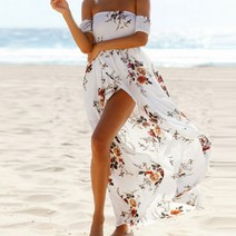 풍깍쟁이 여성용 오프 숄더 괌 비치 바캉스 드레스, 화이트