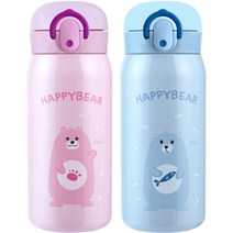 해피베어 원터치 보온보냉병 350ml x 2종 세트, 핑크, 스카이블루