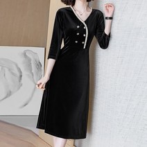 아뗄릭 벨벳 더블버튼 브이넥 레이스 슬림핏 미디 원피스 01463