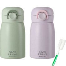 푸코 베어프렌드 원터치 보온병 2p + 세척솔 세트, 350ml, 그린, 퍼플(보온병)