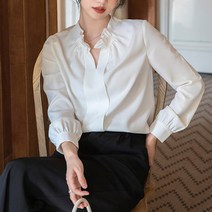 페이퍼먼츠 여성용 프릴 브이넥 쉬폰 긴팔 솔리드 컬러 셔츠 04278