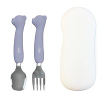 티지엠 휴대용 실리콘 스텐 곰돌이 스푼 앤 포크 + 케이스, 애쉬 블루, 스푼 + 포크 + 케이스