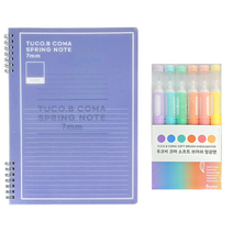 투코비 4000 PP 2단 컬러 스프링노트 + 코마 소프트 브러쉬 형광펜 6색 문구세트, 퍼플(노트), 혼합색상(형광펜), 1세트