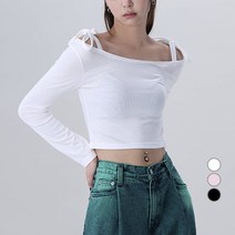 어썸어라운드 여성용 리본 스트랩 오프숄더 긴팔 티셔츠