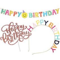 JOYPARTY 메탈릭 생일머리띠 + 스마일 생일가랜드 + 글리터 생일토퍼 세트, 레인보우(머리띠), 로즈골드(생일토퍼), 1세트