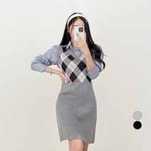 밀키버터 여성용 아가일 플리츠 미니 원피스
