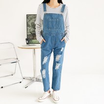 헤이진 여성용 앞포켓 찢청 멜빵바지