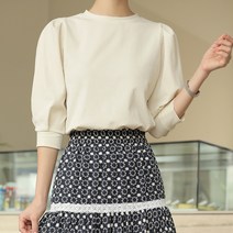 빼빼 여성용 라운드넥 핀턱 벌룬소매 7부 블라우스 티셔츠