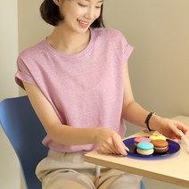 빼빼 여성용 린넨 롤업 캡소매 티셔츠