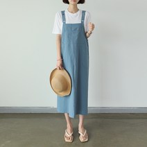 빼빼 여성용 슬리브리스 린넨 포켓 멜빵 뷔스티에 롱원피스