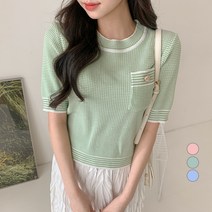 베러스윗 여성용 라운드넥 체크 금장단추 포인트 니트