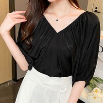 여성용 볼륨 브이넥 셔링 블라우스