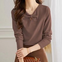 페이토 여성용 피치 리본 넥 디자인 티셔츠
