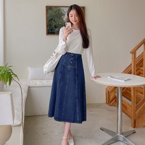 로미스토리 빅사이즈 버튼 포인트 롱 데님 스커트