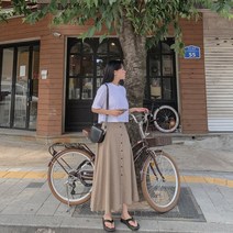 시크블랙 모더니 린넨 버튼 플레어 롱 스커트 SK3811K16