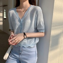 레몬소울 여성용 키텔 펀칭 물결 반팔 가디건