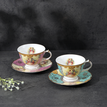 로얄에식스 엔틱풍 골드라인 빈티지 황실명화 2인조 커피잔 세트, 1세트, 핑크+그린