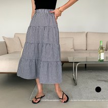 무드인더 여성용 잔체크 캉캉 프릴 A라인 밴딩 롱 스커트