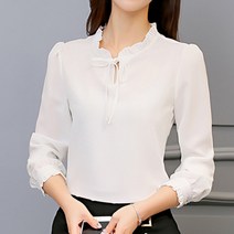 알로데 여성용 프릴넥 리본 슬림 블라우스