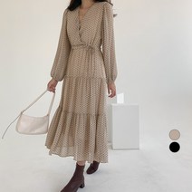 무드인더 여성용 잔도트 브이넥 캉캉 롱 원피스