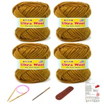 행복뜨기 울트라울 뜨개실 4p + 바늘 8mm + 돗바늘 + 라벨 + 목도리도안 세트, 겨자, 1세트