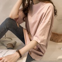 묘먀미 여성용 무지 기본 단색 오버핏 롱 티셔츠 AA027