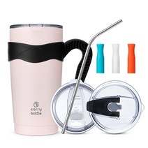 캐리보틀 스탠다드 스테인레스 보온보냉 텀블러 + 플립 빨대 뚜껑 + 전용손잡이 + 스테인리스 빨대 + 마우스 3종 세트, 핑크(텀블러), 투명(플립빨대뚜껑), 블랙(전용손잡이), 마우스(오렌지, 화이트, 블루), 600ml
