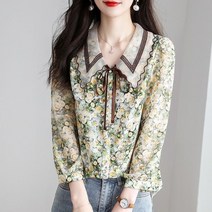 아베크 여성용 카라넥 플라워 프릴 셔츠 블라우스