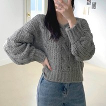 플랜데이 여성용 버블 그물 꽈배기 크롭 브이넥 긴팔 니트