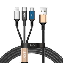 SKY 비트 3 in 1 패브릭 멀티 고속충전 골드 메탈 케이블 27W, 2m, 1개, 블랙