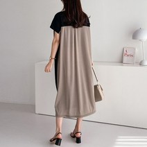 티탁 여성용 빅사이즈 데일리 루즈핏 라운드넥 배색 뒷주름 반팔 롱 원피스