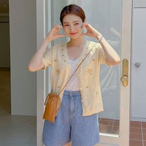 로미스토리 빅사이즈 플라워 자수 반팔 가디건