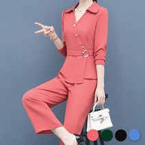 아뗄릭 여성용 사선 버튼 벨티드 쉬폰 여름 정장 투피스 세트 00176