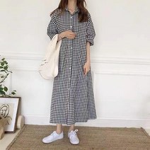 여성용 블랙101 페름 체크패턴 카라넥 롱원피스 A235WF01083